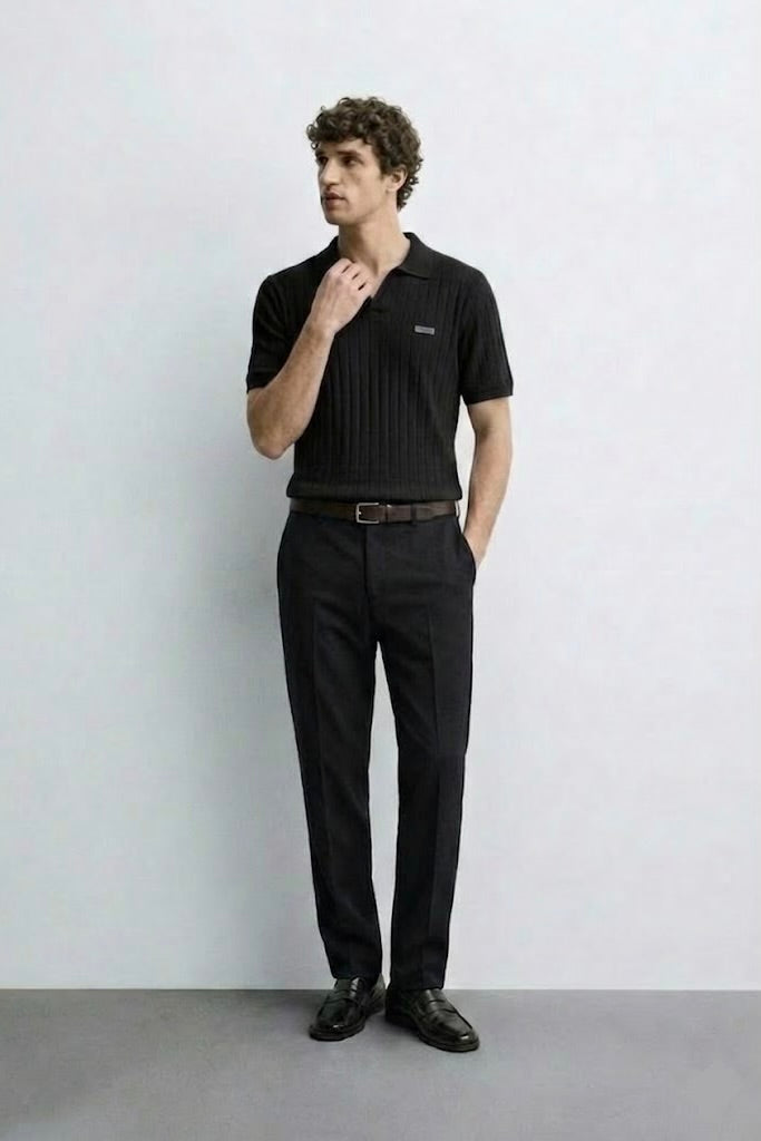 Drop Needle Black V-Neck Polo