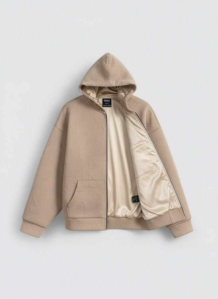 Beige Embossed Zipper Hoodie with Lining & YKK Zip – Premium Winter Wear