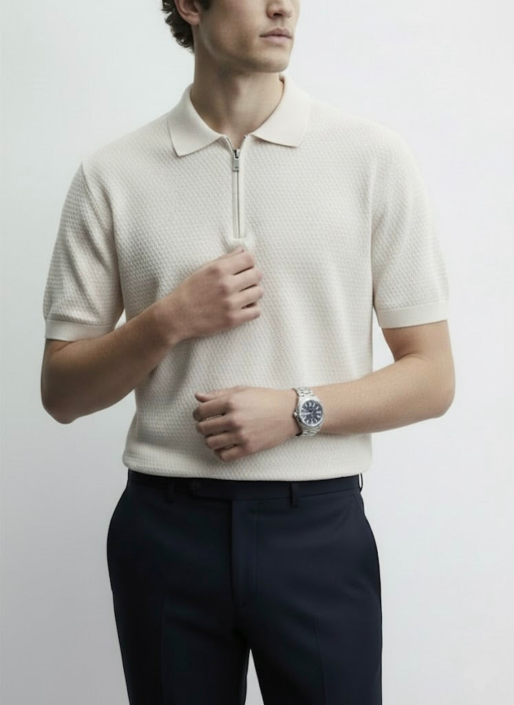 Popcorn Textured Light Beige Zipper Polo