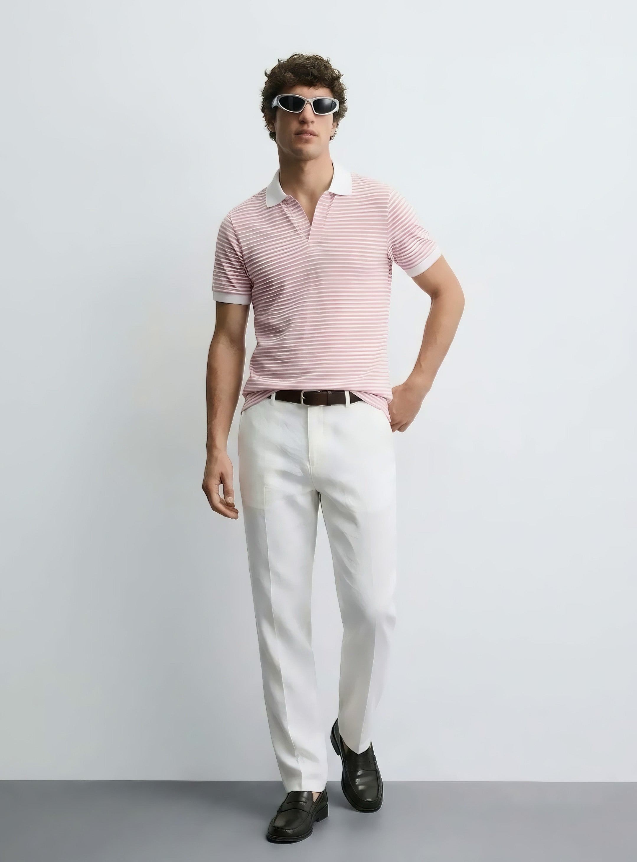 Pink Striped Johnny Collar Polo