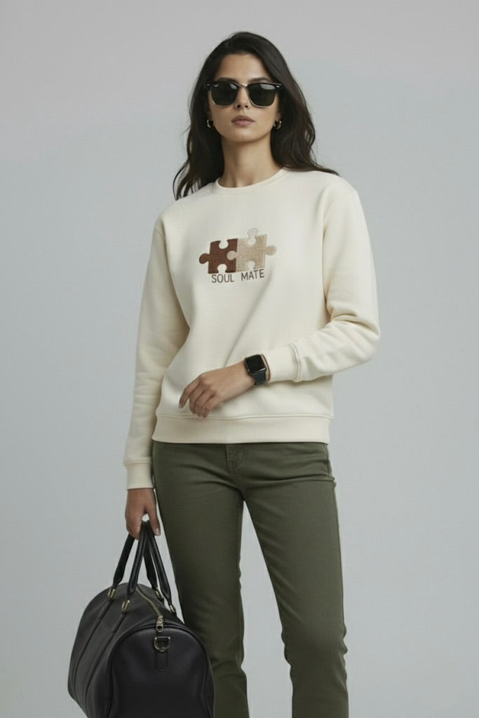 Powder Beige Nun Tuck Fleece Sweatshirt – Puzzle Piece Embroidery with “Soul Mate” | 280 GSM Unisex