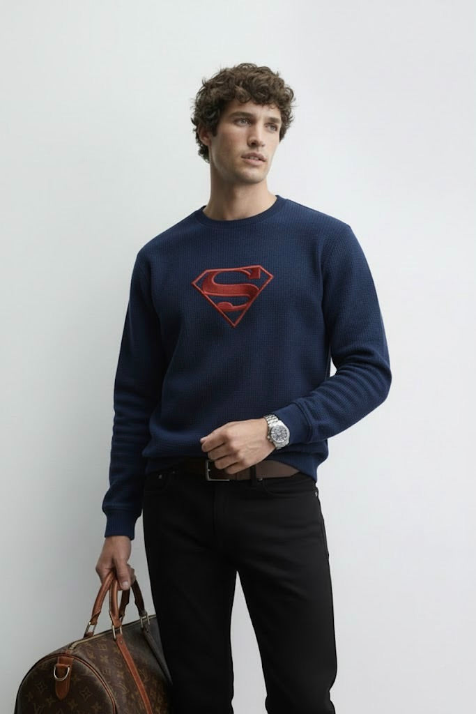Navy Blue Ottoman Textured Sweatshirt – Super Man Embroidery | 250 GSM Unisex