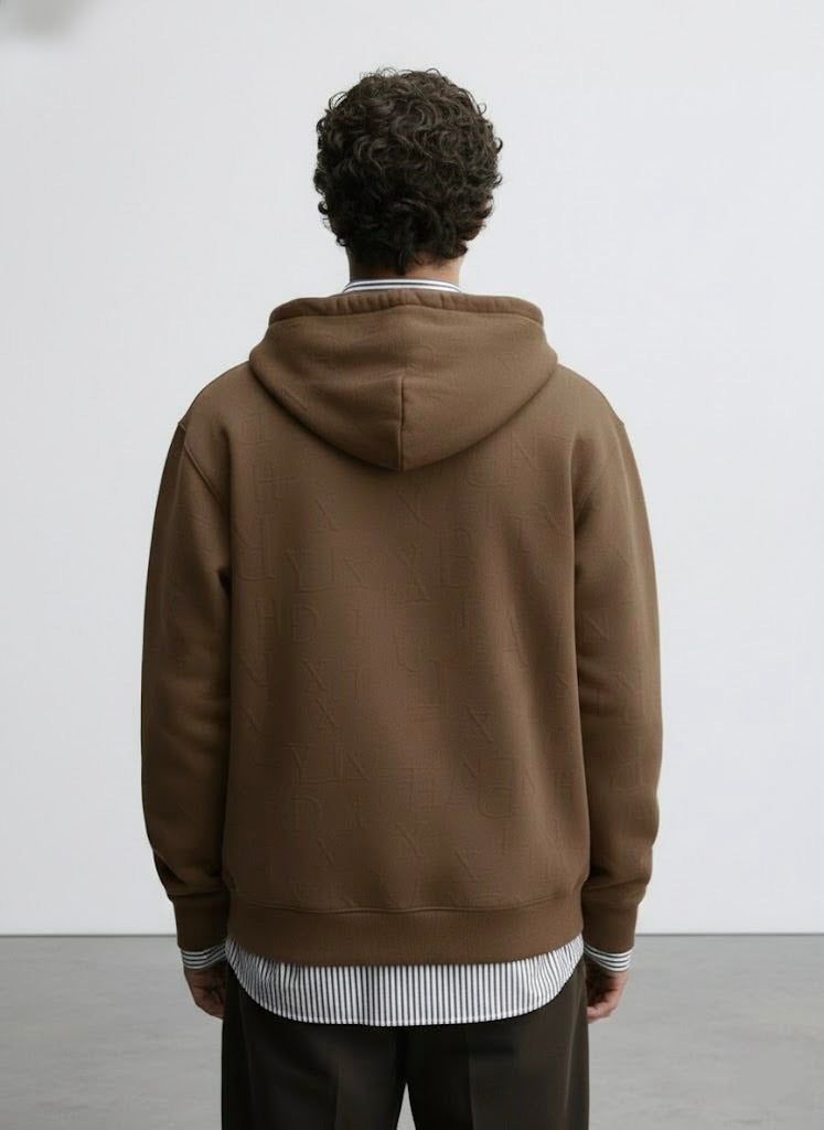 Dark Brown Embossed Zipper Hoodie with Lining & YKK Zip – Premium Winter Wear