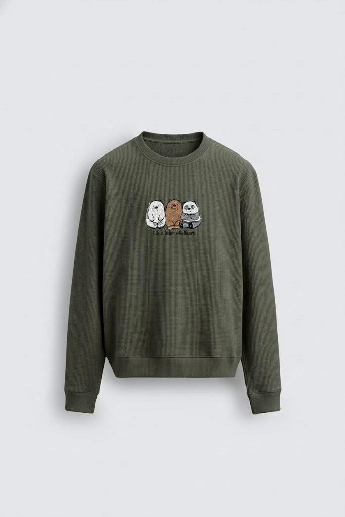 Olive Green Waffle Sweatshirt – 3 Bears Embroidery | 250 GSM Unisex Winter Wear