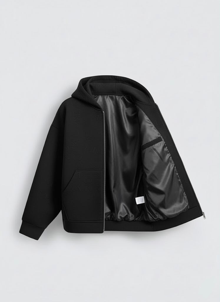 Black Embossed Zipper Hoodie with Lining & YKK Zip – Premium Winter Wear