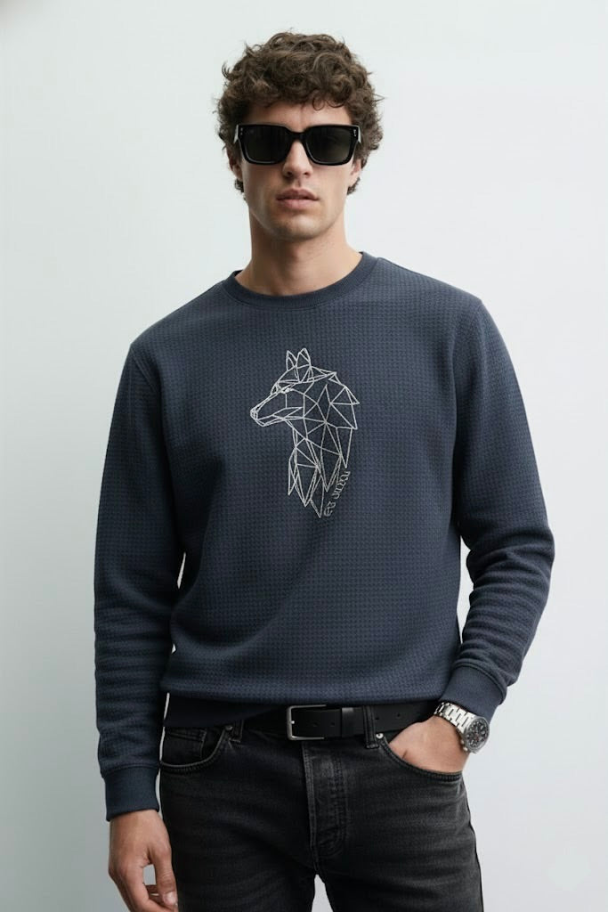 Navy Blue Ottoman Textured Sweatshirt – Wolf Embroidery | 250 GSM Premium Ottoman | ALPHA Edition (Unisex)