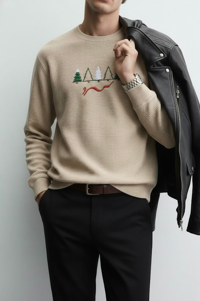 Light Brown Waffle Textured Sweatshirt – Tree Embroidery with “Sard” Urdu Text | 220 GSM Unisex