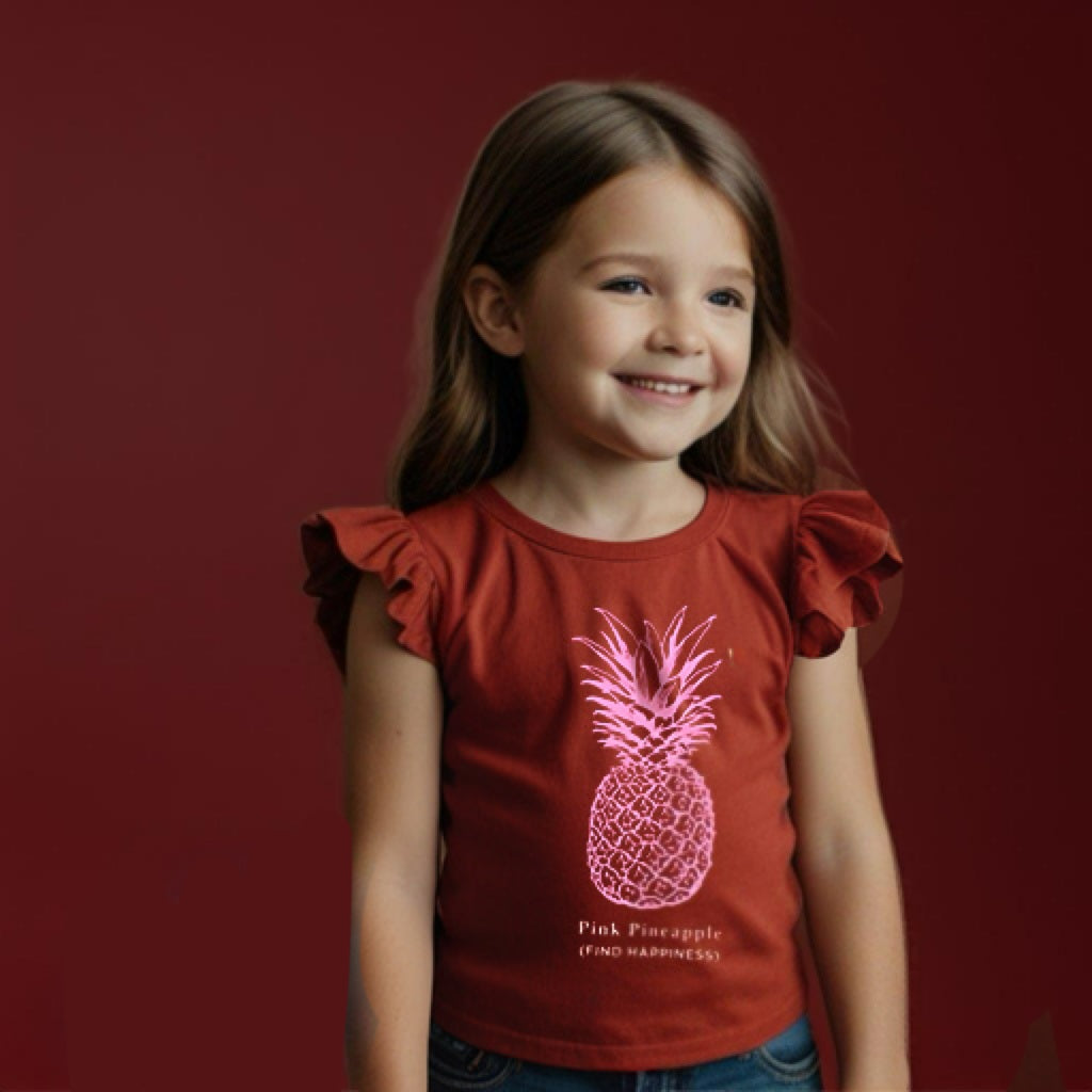 Pink Pineapple Ruffle Sleeve Girls' T-Shirt