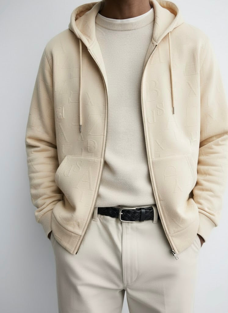 Off-White Embossed Zipper Hoodie with Lining & YKK Zip – Premium Winter Wear