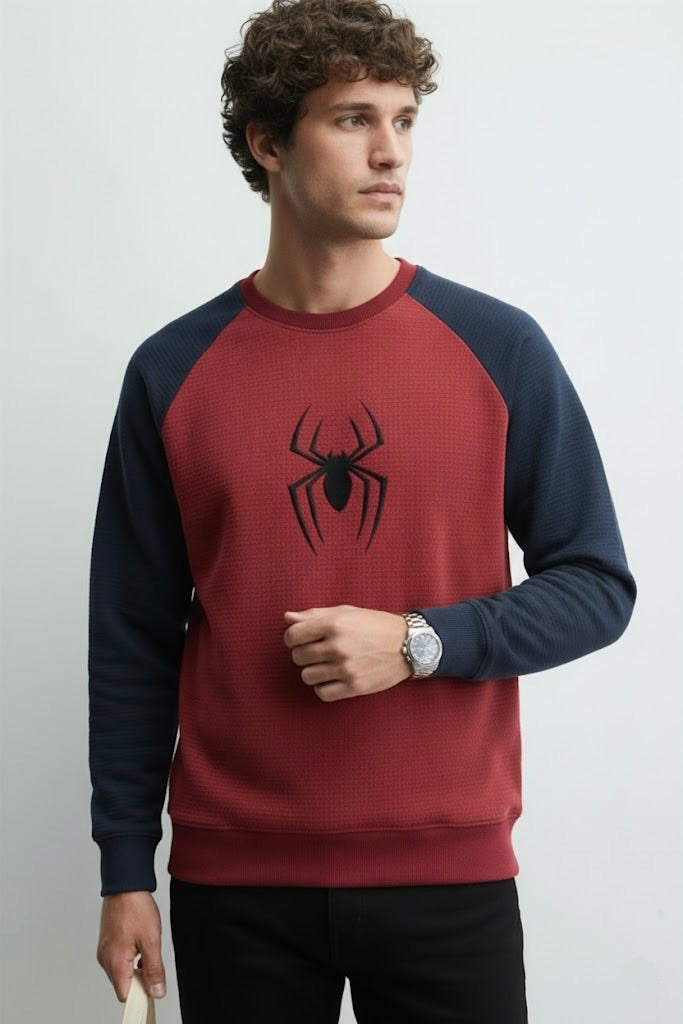 Maroon Ottoman Reglan Textured Sweatshirt – Spider Man Embroidery | 250 GSM Unisex