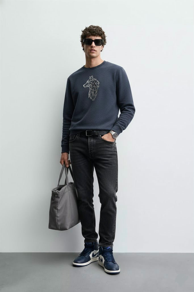 Navy Blue Ottoman Textured Sweatshirt – Wolf Embroidery | 250 GSM Premium Ottoman | ALPHA Edition (Unisex)