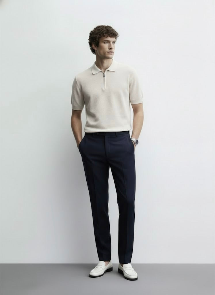 Popcorn Textured Light Beige Zipper Polo