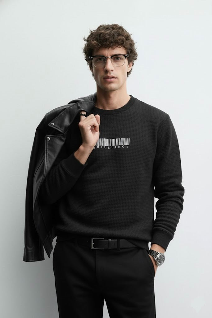 Black Waffle Textured Sweatshirt – Barcode Embroidery with “Brilliance” | 250 GSM Unisex