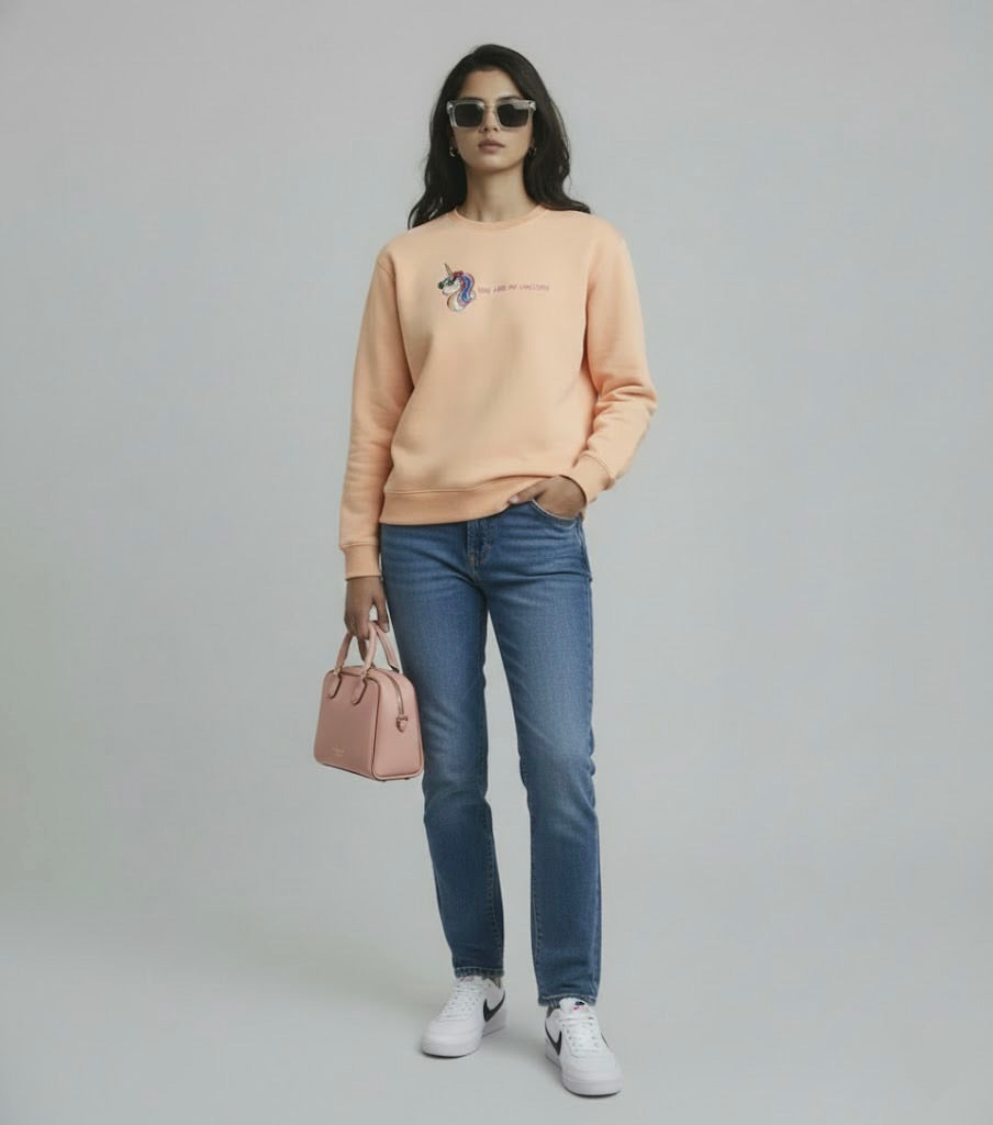 Peachy Pink Unicorn Embroidered Sweatshirt – Nun Tuck Fleece 50/50 | 280 GSM Premium Winter Wear