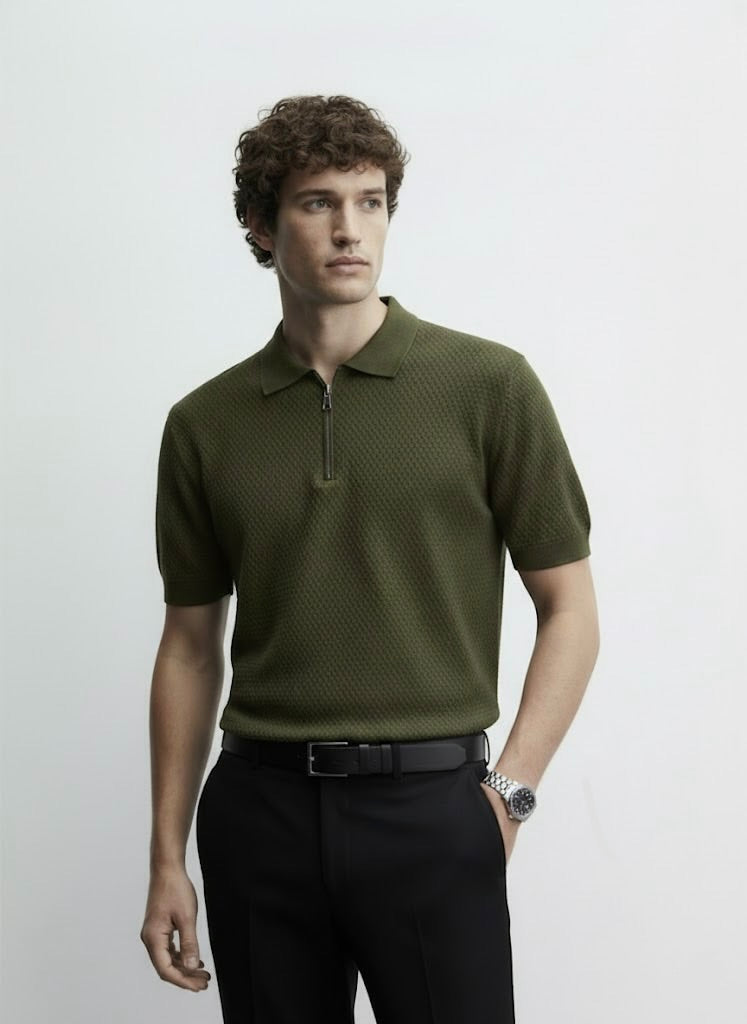 Popcorn Textured Olive Green Zipper Polo
