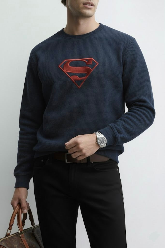 Navy Blue Ottoman Textured Sweatshirt – Super Man Embroidery | 250 GSM Unisex