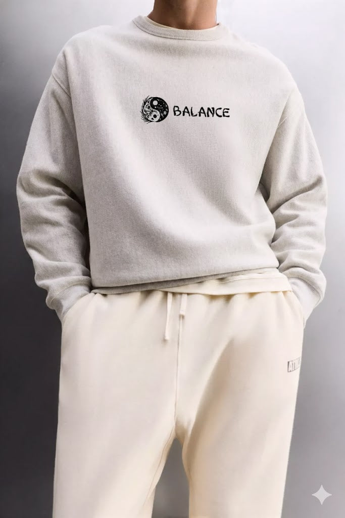 Light Grey “Balance” Yin Yang Embroidered Sweatshirt – 50/50 Nun Tuck Fleece, 280 GSM