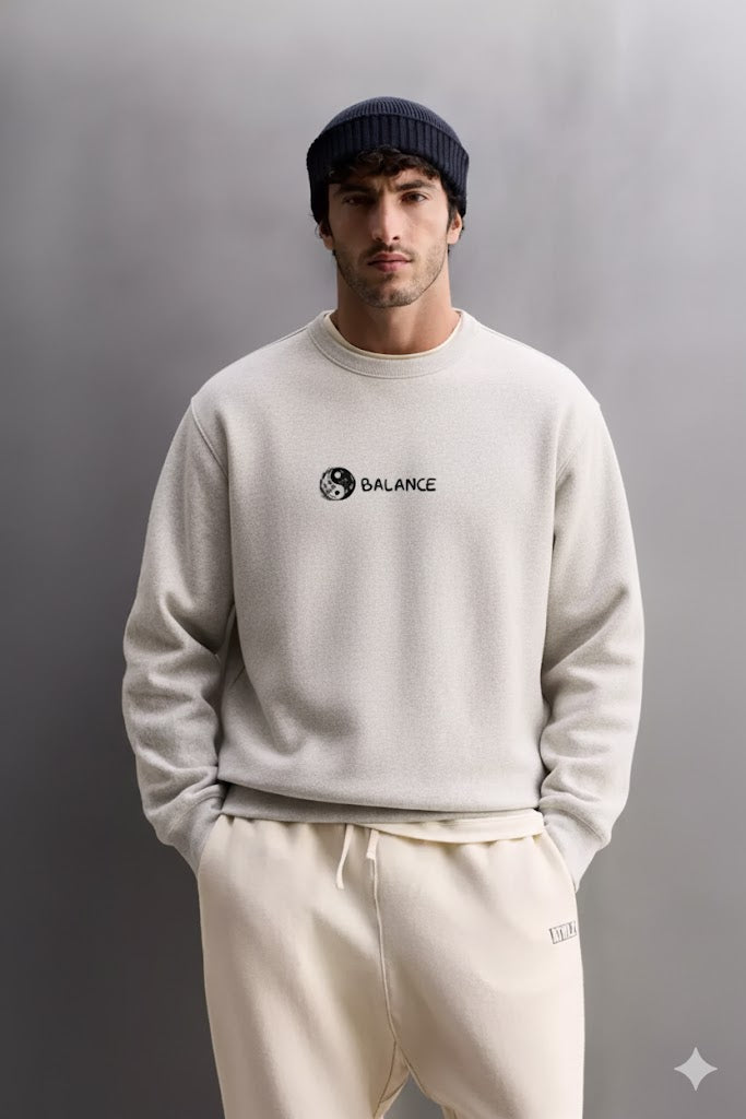 Light Grey “Balance” Yin Yang Embroidered Sweatshirt – 50/50 Nun Tuck Fleece, 280 GSM