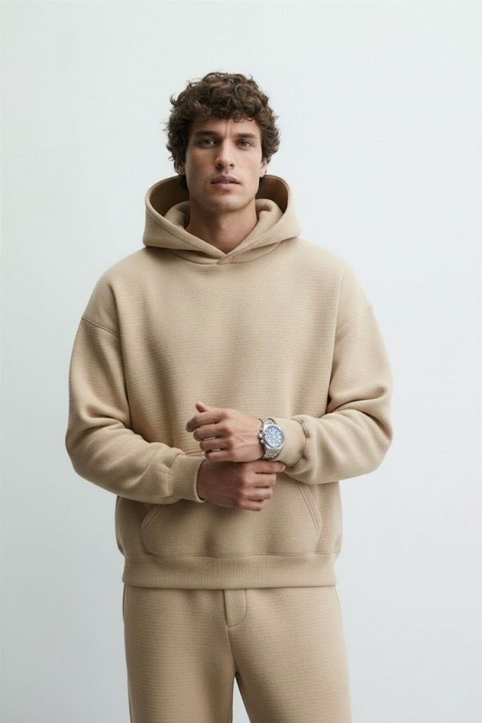 Sand Brown Oversized Hoodie – Unisex | 300 GSM | Embroidered Neck Yoke