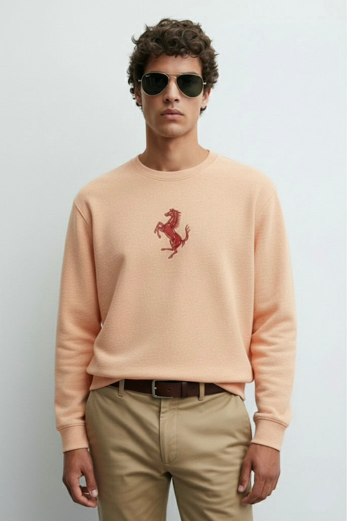 Peachy Pink Nun Tuck Fleece Sweatshirt – Premium Horse Embroidery | 280 GSM Unisex
