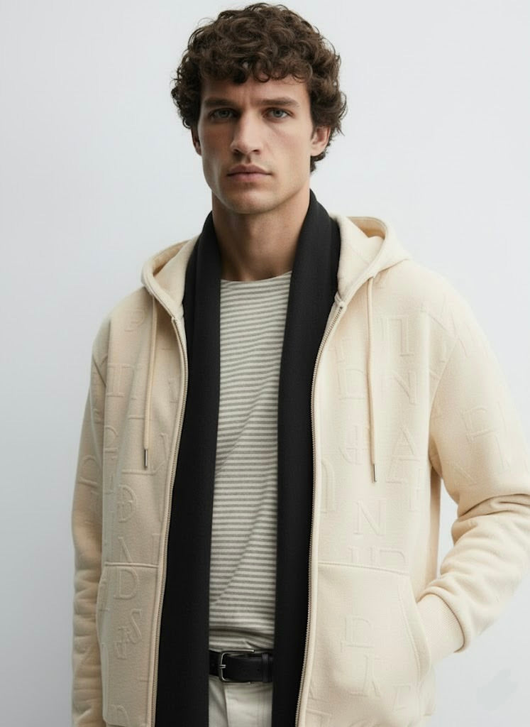 Off-White Embossed Zipper Hoodie with Lining & YKK Zip – Premium Winter Wear