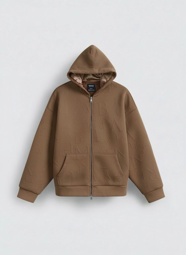 Dark Brown Embossed Zipper Hoodie with Lining & YKK Zip – Premium Winter Wear