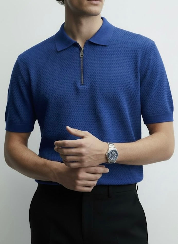Popcorn Textured Royal Blue Zipper Polo
