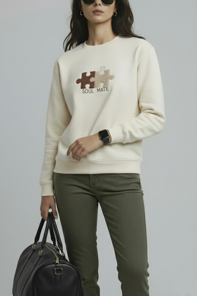 Powder Beige Nun Tuck Fleece Sweatshirt – Puzzle Piece Embroidery with “Soul Mate” | 280 GSM Unisex