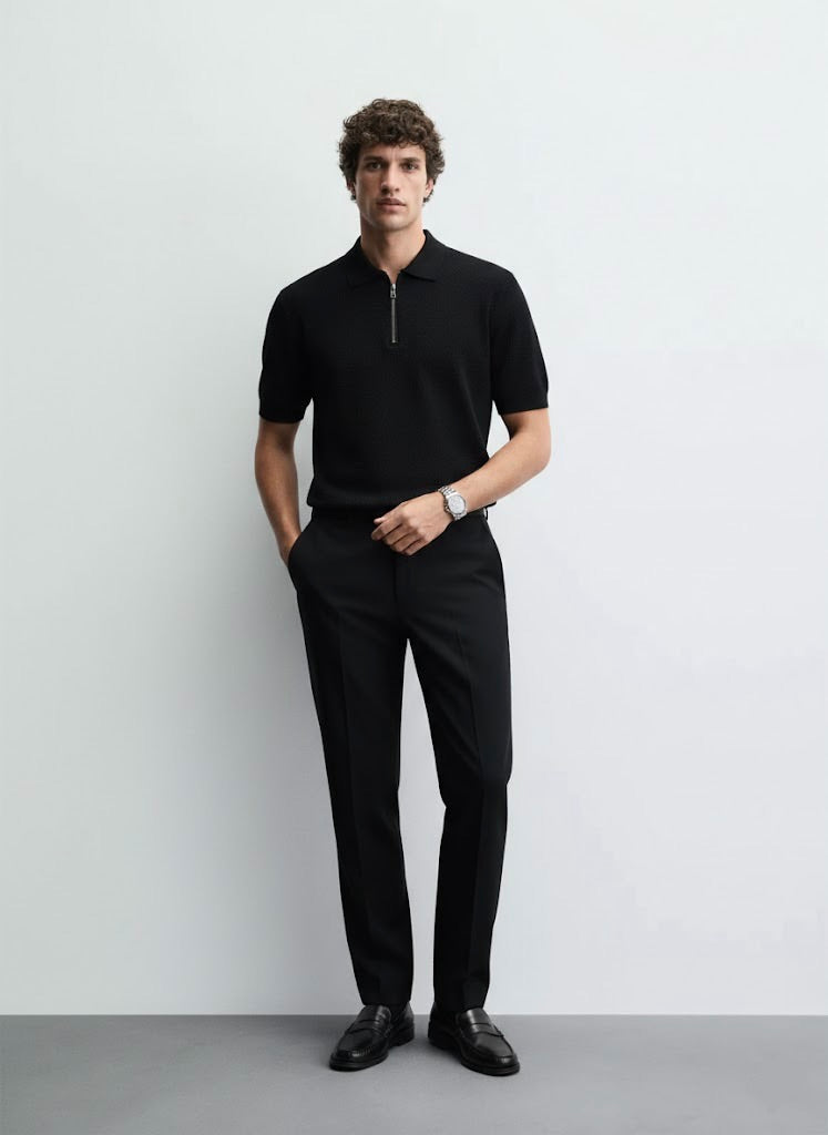 Popcorn Textured Black Zipper Polo