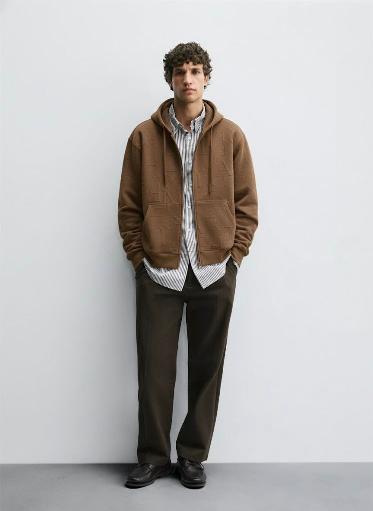 Dark Brown Embossed Zipper Hoodie with Lining & YKK Zip – Premium Winter Wear