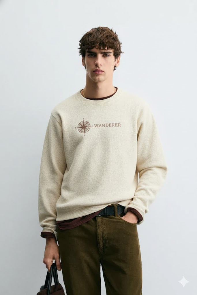 Beige “Wanderer” Embroidered Sweatshirt – 280 GSM Nun Tuck Fleece
