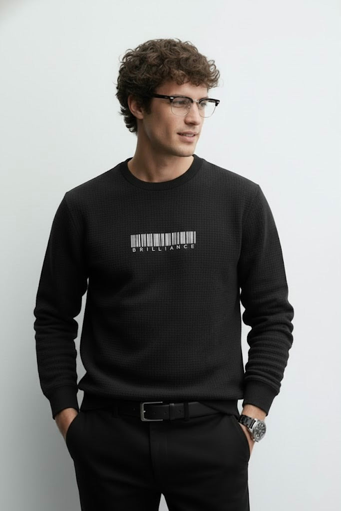 Black Waffle Textured Sweatshirt – Barcode Embroidery with “Brilliance” | 250 GSM Unisex