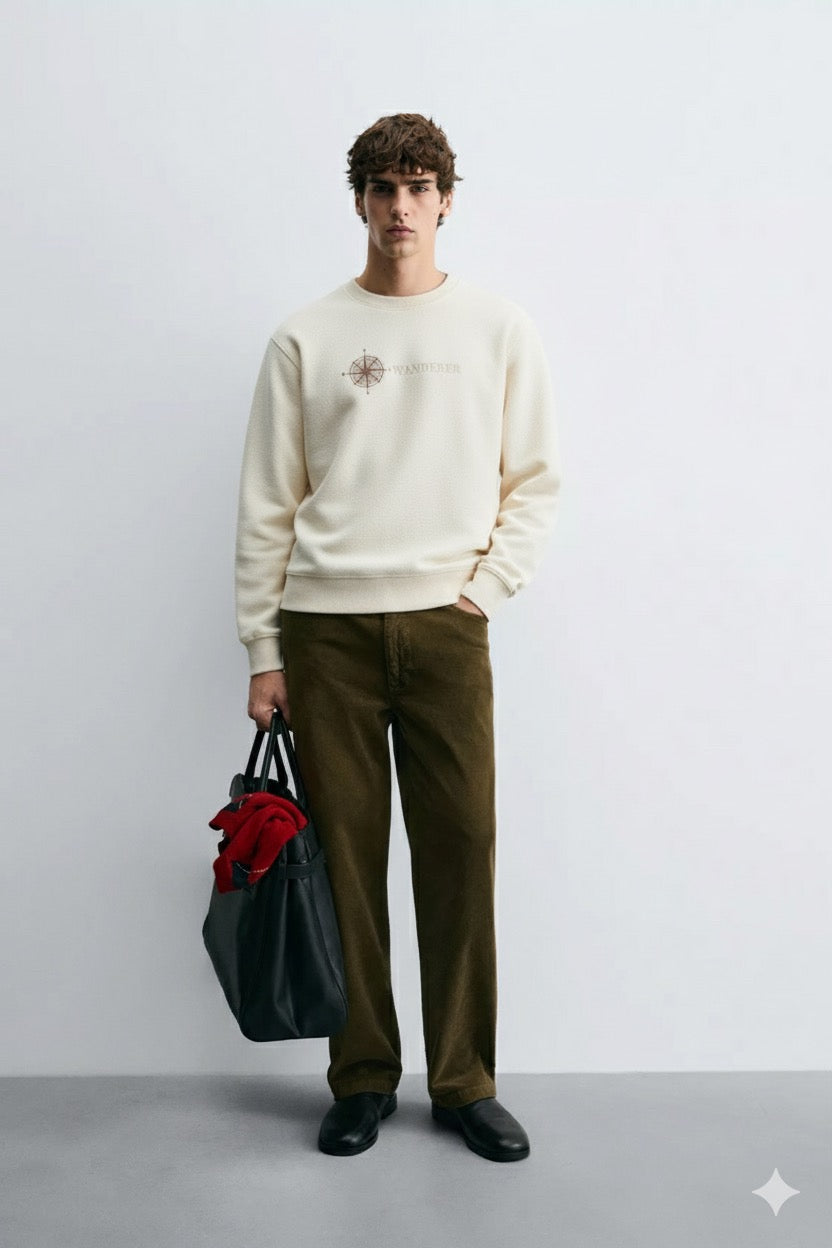 Beige “Wanderer” Embroidered Sweatshirt – 280 GSM Nun Tuck Fleece