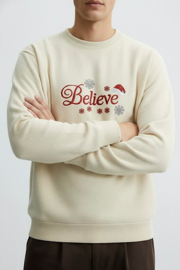 Light Yellow “Believe” Embroidered Sweatshirt – 50/50 Nun Tuck Fleece, 280 GSM