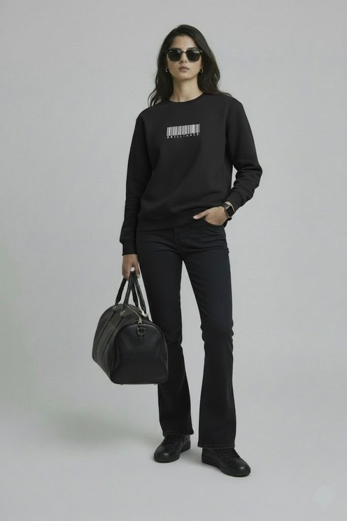 Black Waffle Textured Sweatshirt – Barcode Embroidery with “Brilliance” | 250 GSM Unisex