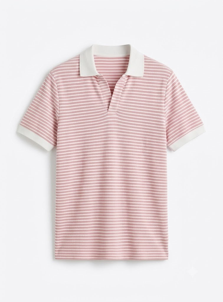 Pink Striped Johnny Collar Polo