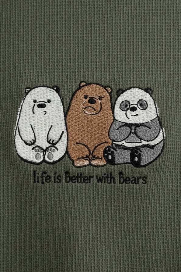 Olive Green Waffle Sweatshirt – 3 Bears Embroidery | 250 GSM Unisex Winter Wear