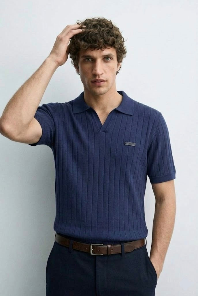 Drop Needle Navy V-Neck Polo