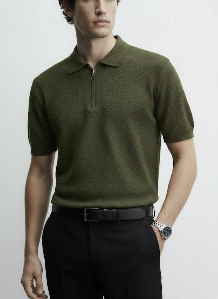 Popcorn Textured Olive Green Zipper Polo