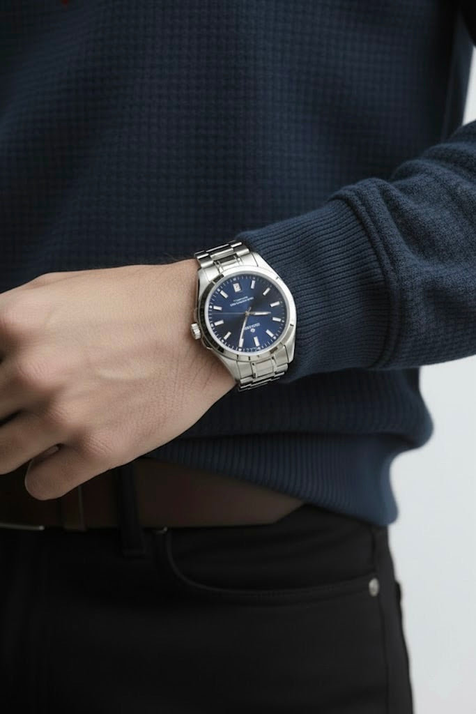 Navy Blue Ottoman Textured Sweatshirt – Super Man Embroidery | 250 GSM Unisex