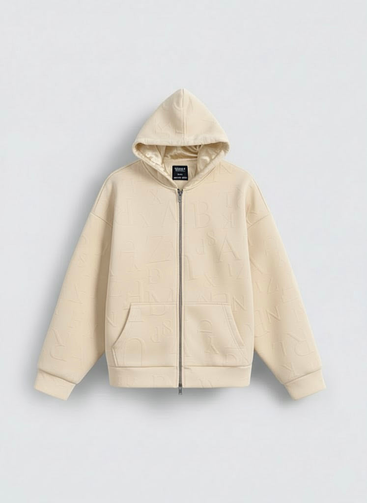 Off-White Embossed Zipper Hoodie with Lining & YKK Zip – Premium Winter Wear