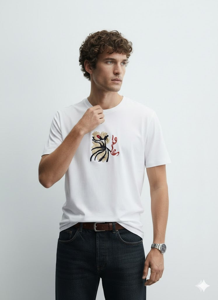 Off-White Calligraphy Embroidered T-Shirt | 100% Combed Cotton | 180 GSM Regular Fit