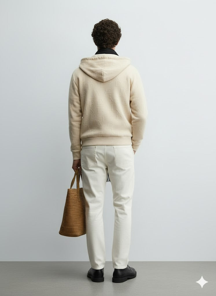 Off-White Embossed Zipper Hoodie with Lining & YKK Zip – Premium Winter Wear