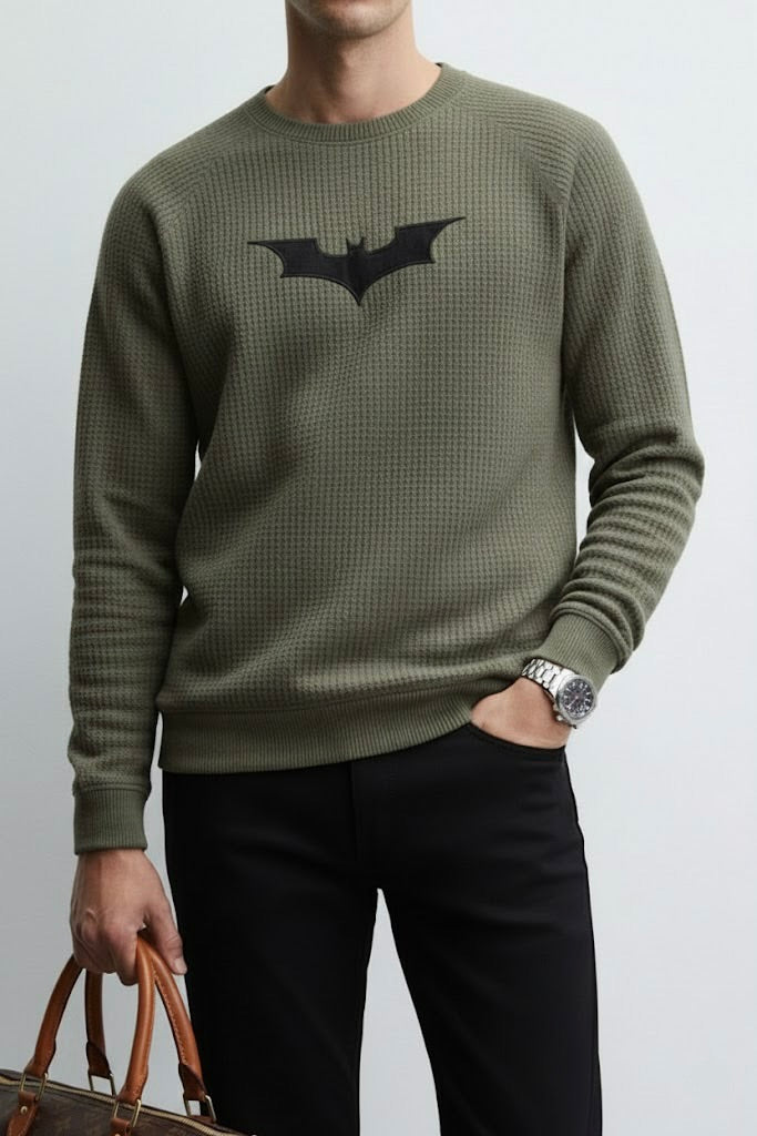 Olive Green Waffle Textured Sweatshirt – Batman Embroidery | 250 GSM Unisex