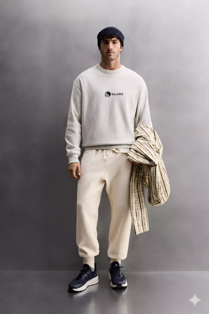 Light Grey “Balance” Yin Yang Embroidered Sweatshirt – 50/50 Nun Tuck Fleece, 280 GSM