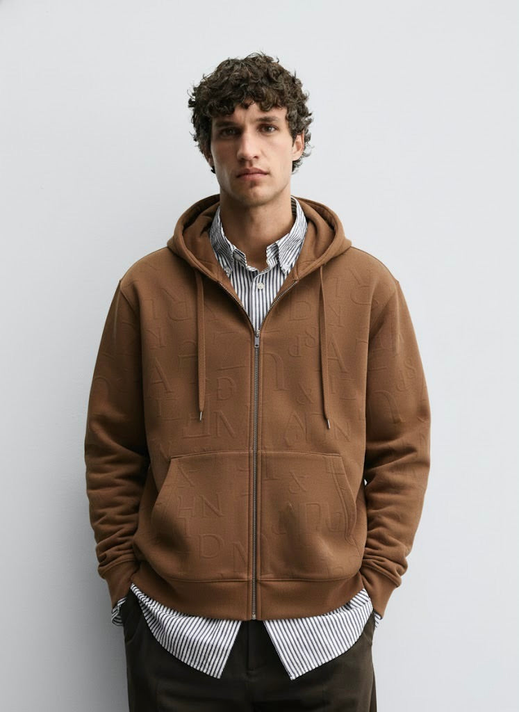 Dark Brown Embossed Zipper Hoodie with Lining & YKK Zip – Premium Winter Wear
