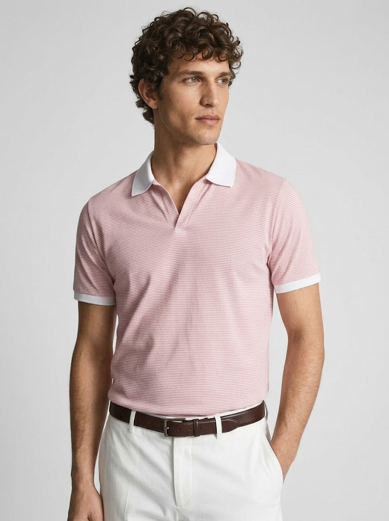 Pink Striped Johnny Collar Polo