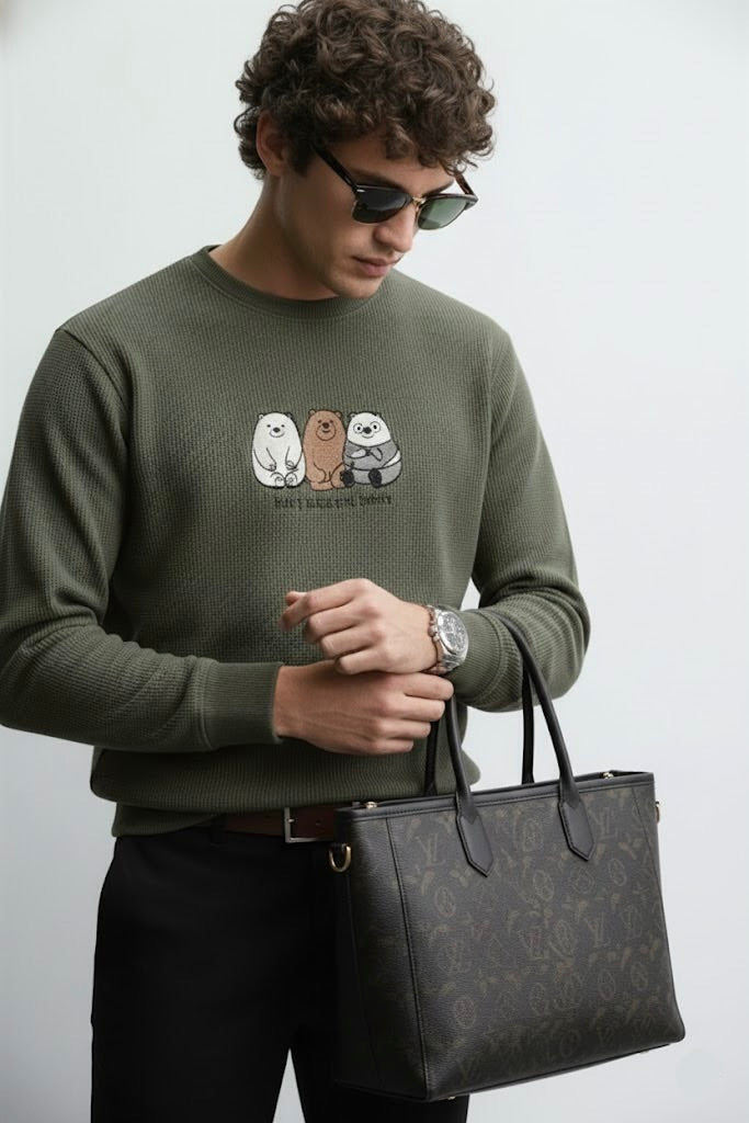 Olive Green Waffle Sweatshirt – 3 Bears Embroidery | 250 GSM Unisex Winter Wear