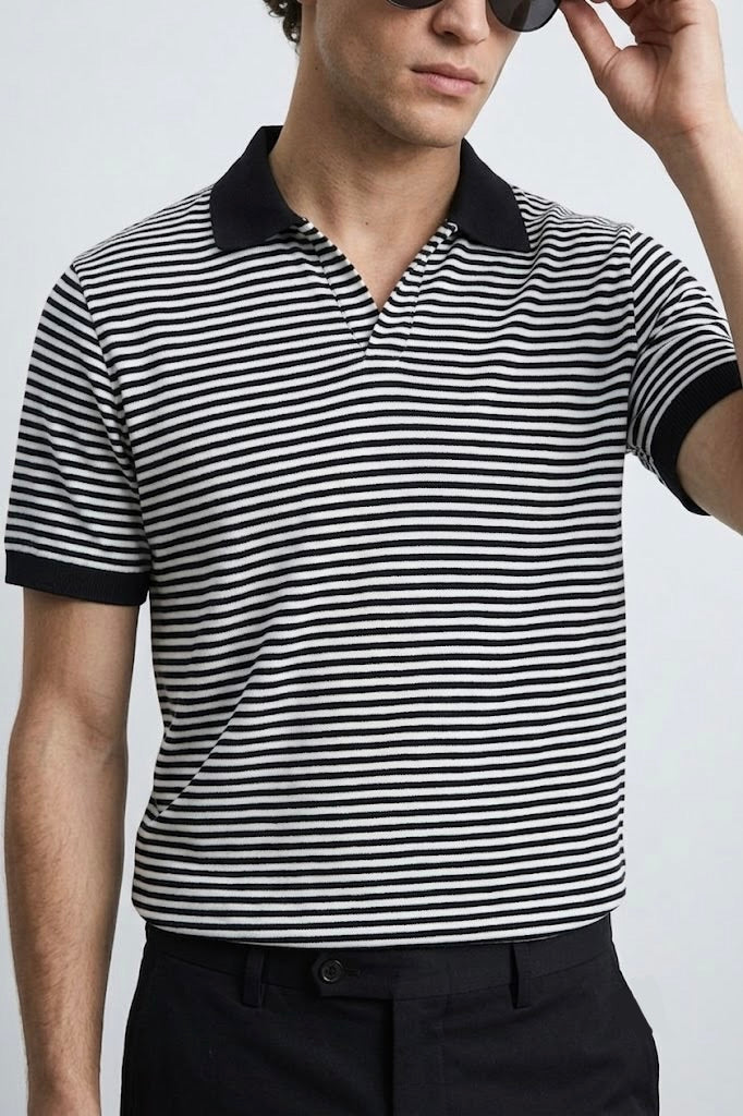 Black Striped Johnny Collar Polo