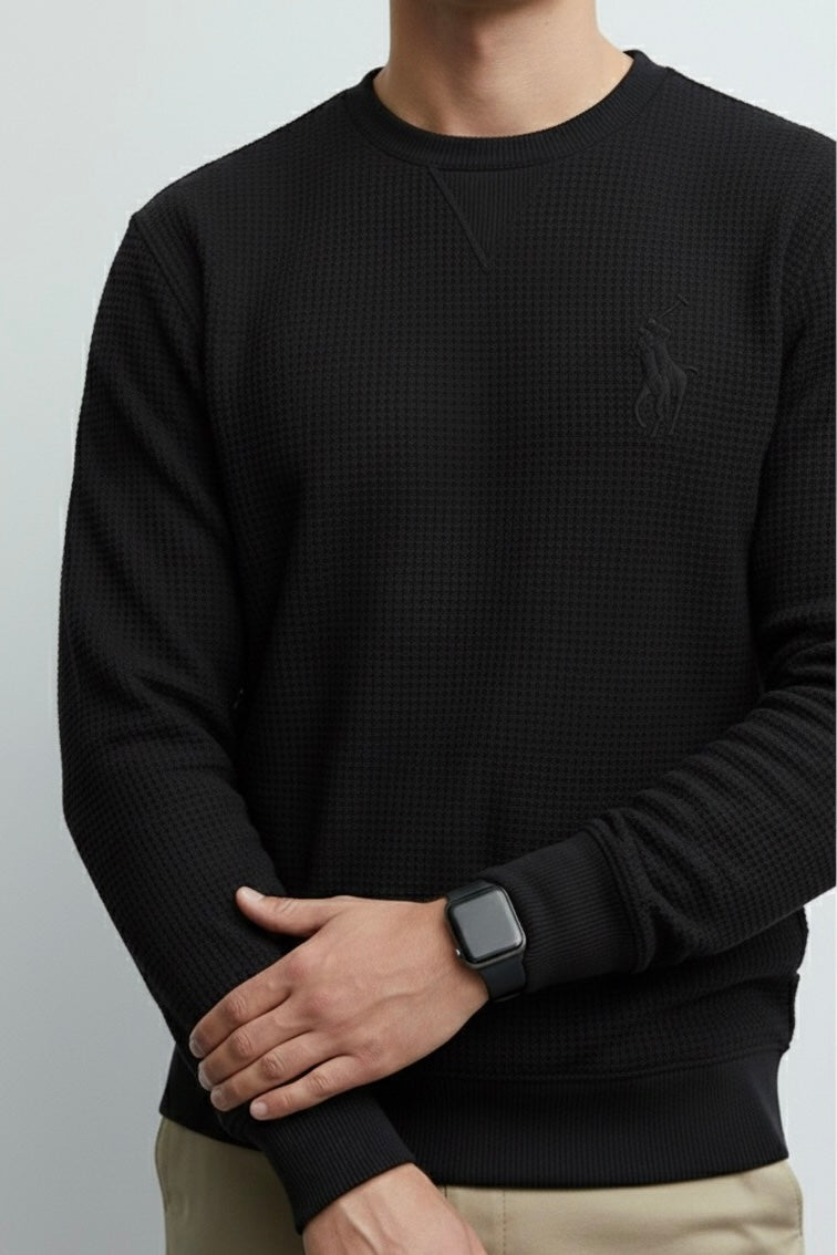 Navy Blue Ottoman Textured Sweatshirt – Wolf Embroidery | 250 GSM Premium Ottoman | ALPHA Edition (Unisex)